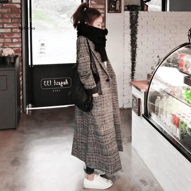 

Autumn Korean women's plaid woolen coat winter slim long thickened houndstooth plaid trench coats