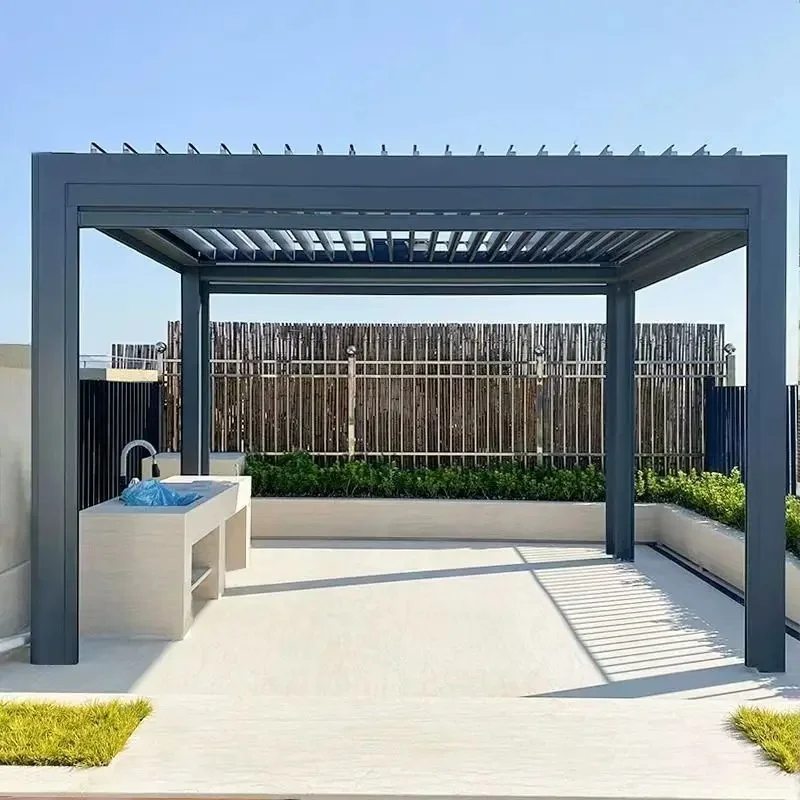 Aluminum Alloy Powder Coated Modern Bioclimatic Eco-Friendly LED Outdoor Balcony Louvered/Fixed Base Pergola