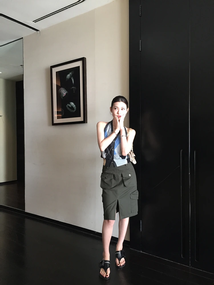 

Chen Mi Fan Faion Tnt Design Sense Multi-ket Workwear Skirt Women High Waist Slit Straight Cut ort Skirts