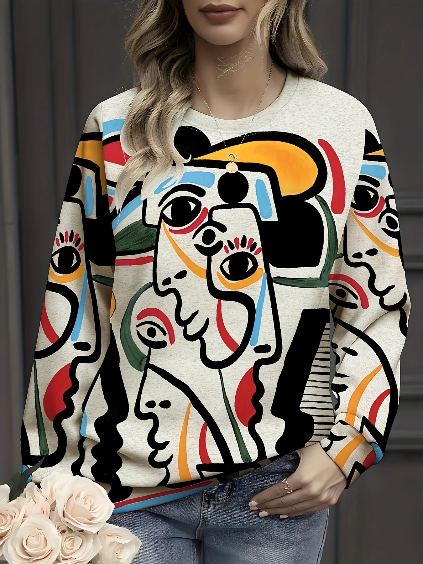 abstract color blocks and stylized character pattern printed crew-neck sweatshirt - casual long-sleeved pullover shirt