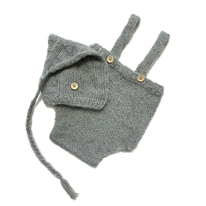 Mohair Knitted Newborn Baby Photo Clothing Costumes Hat + Overalls 2pcs Outfits Unisex Boy Girl Photography Clothes Props