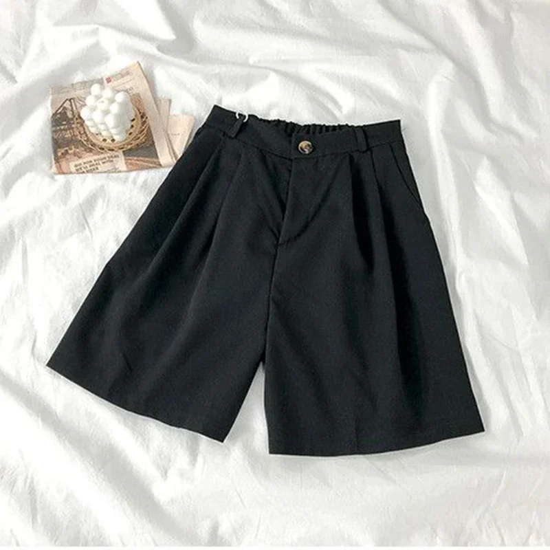 Casual High Waist Wide Leg Suit Shorts Women Korean Fashion Loose Solid Shorts Summer Office Ladies Black Thin Shorts