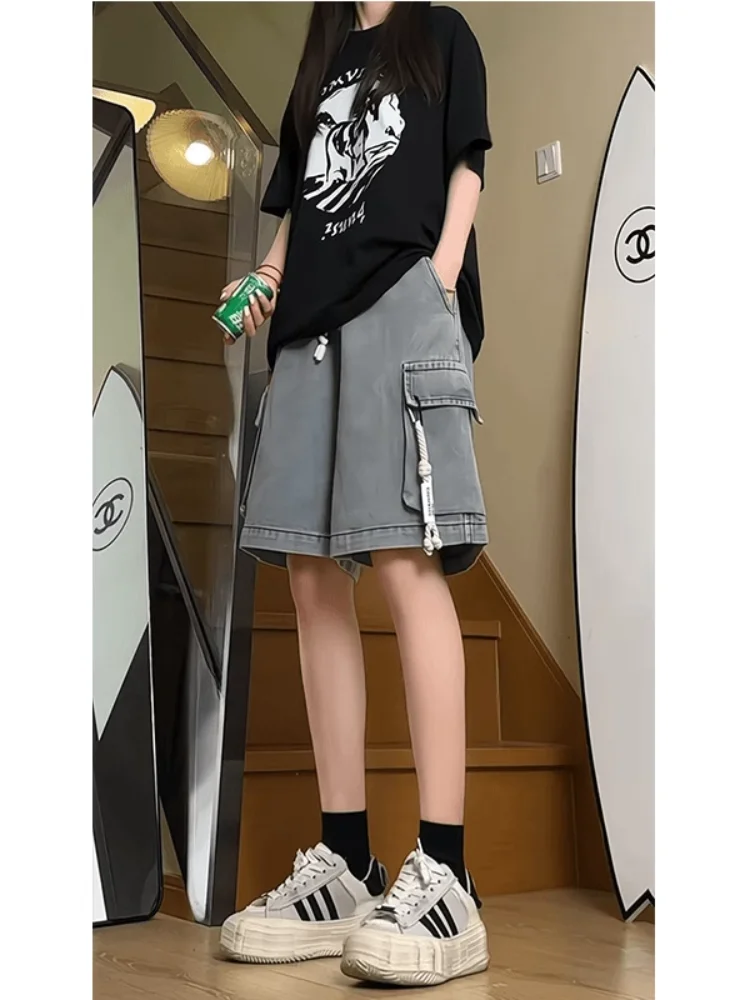 

Американская рабочая одежда в стиле ретро, джинсовые женские летние брюки небольшого размера, прямые свободные брюки с высокой талией длиной пять шестей