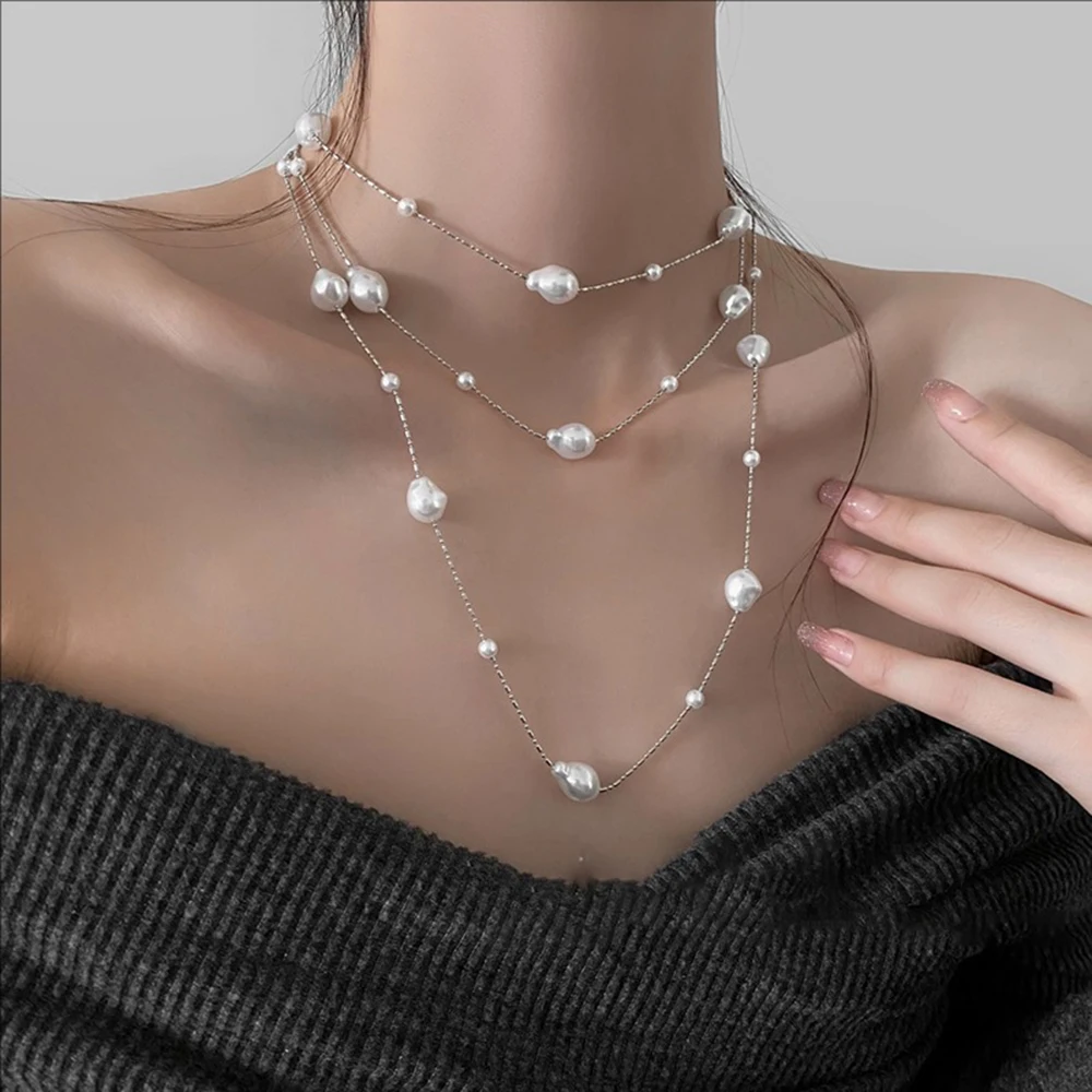 

Irregular Long Pearl Necklaces From Europe and America Light Luxury Retro Sweater Chains Fashionable Simple Jewelry