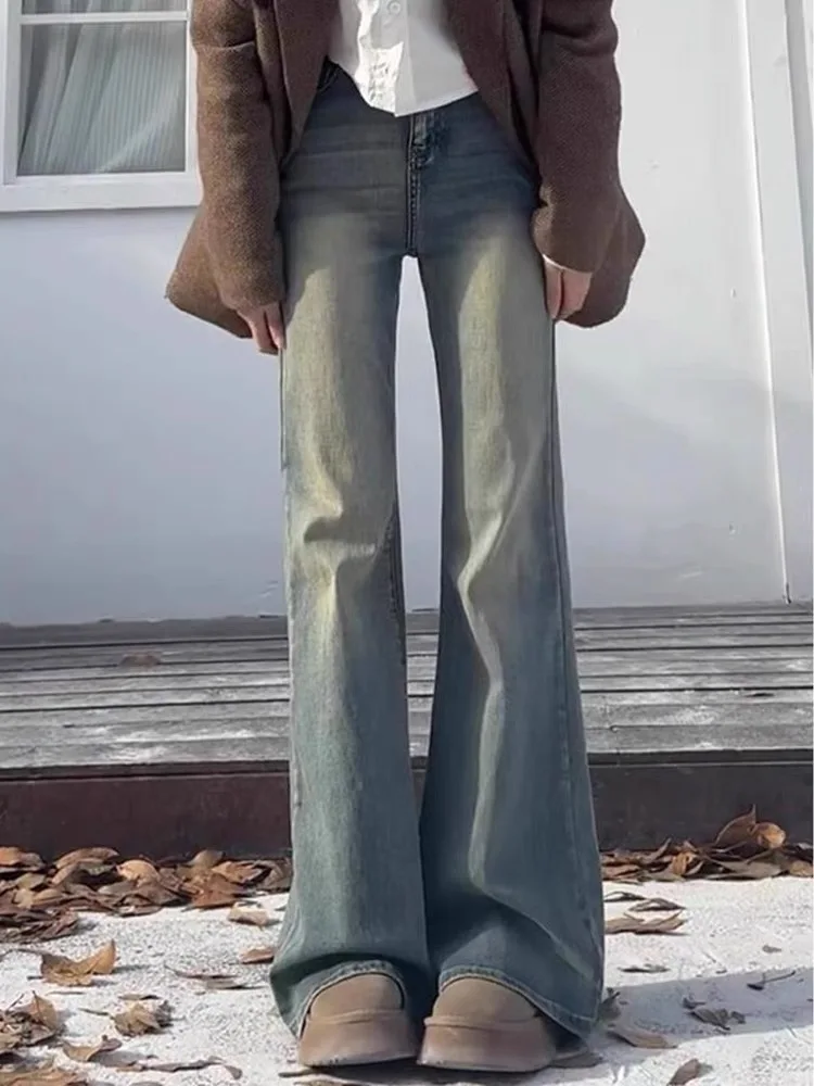 Vaqueros vaqueros acampanados Retro para mujer, pantalones largos adelgazantes con estilo americano a la moda para primavera y verano, pierna ancha de cintura alta con cuerpo de pera