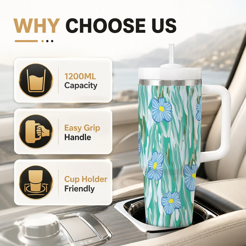 Blue Green Block Print Modern Art Vacuum Flasks 40oz Insulated Tumbler with Handle, Straw and Lid, Stainless Steel Travel Cup