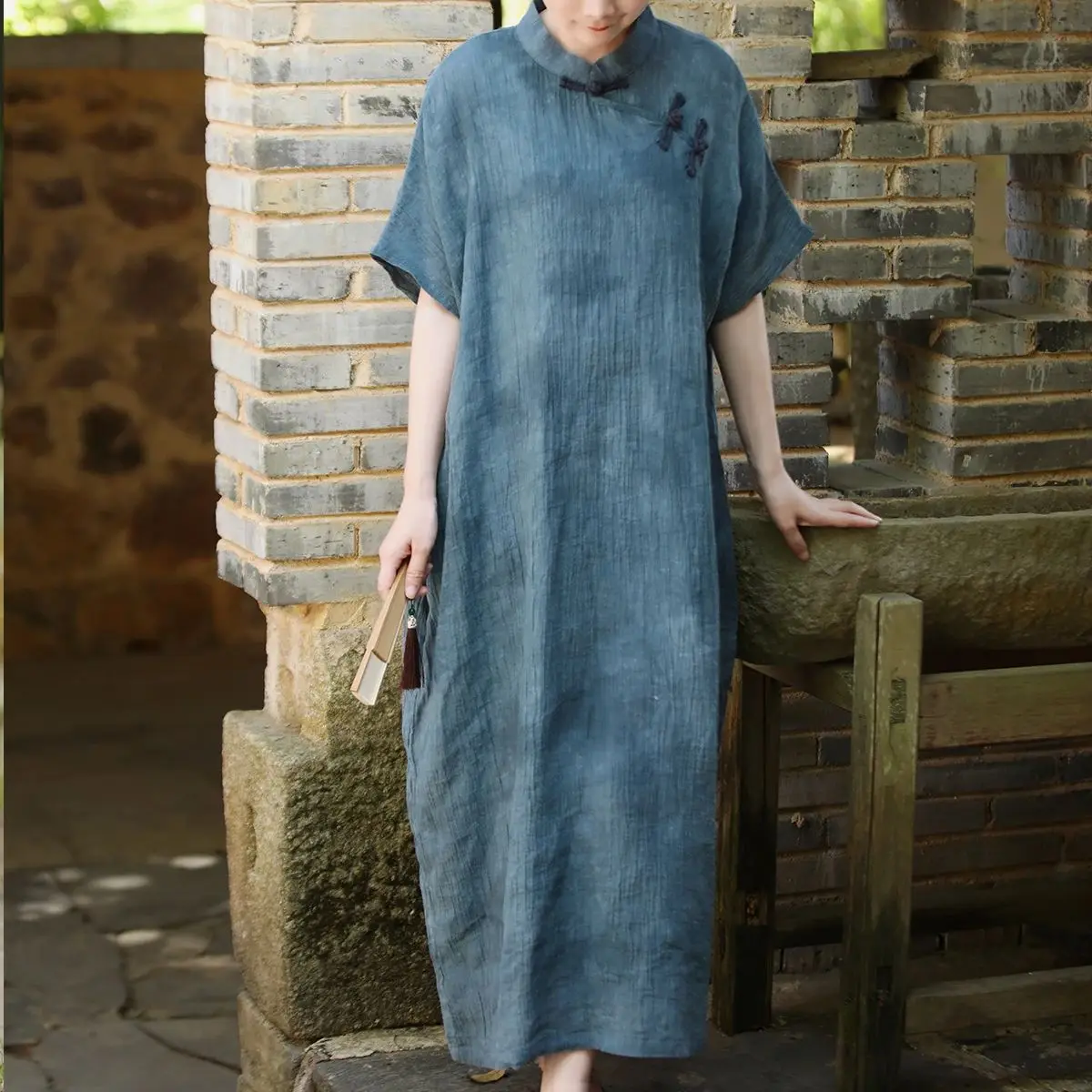 

LZJN Summer Linen Mandarin Collar Chinese-Style Dress with Zen-Inspired Cheongsam, Retro Tie-Dye, Plus-Size Elegant Long Dress