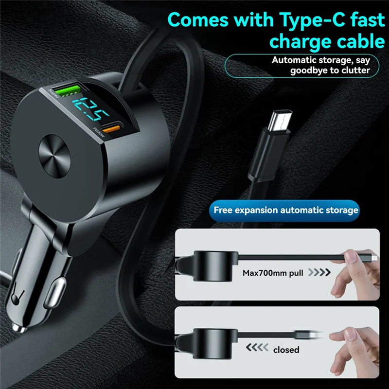 AU61-Digital Display Retractable Cable Car Charger Supports PD30W Fast Charging Super Fast Charging 3-In-1