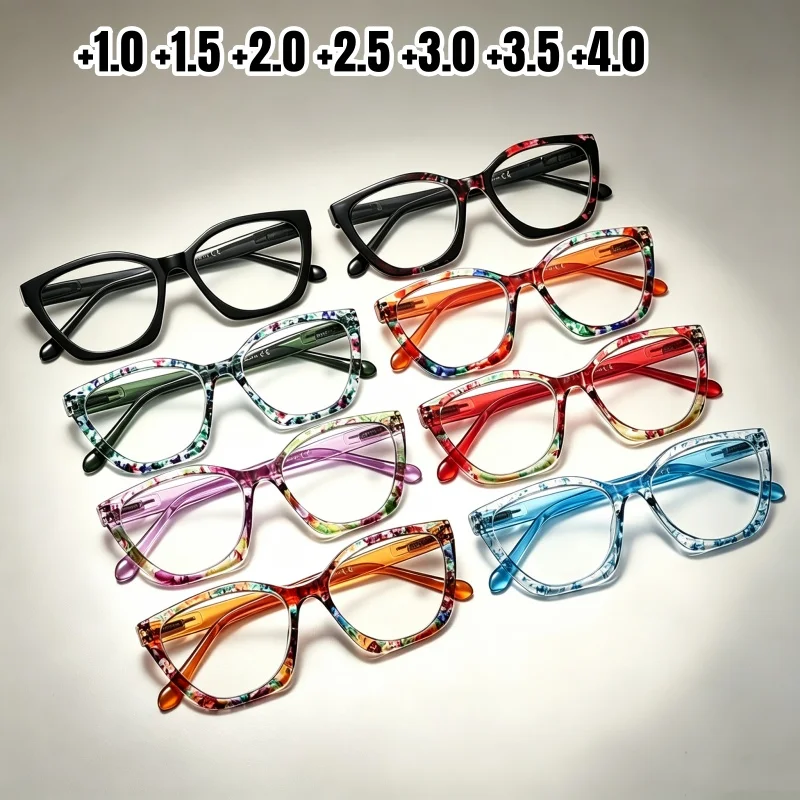 Cat Eye Floral Pattern Reading Glasses Lightweight Comfort Anti Blue Light Presbyopia Glasses High-definition Lens for Women Men