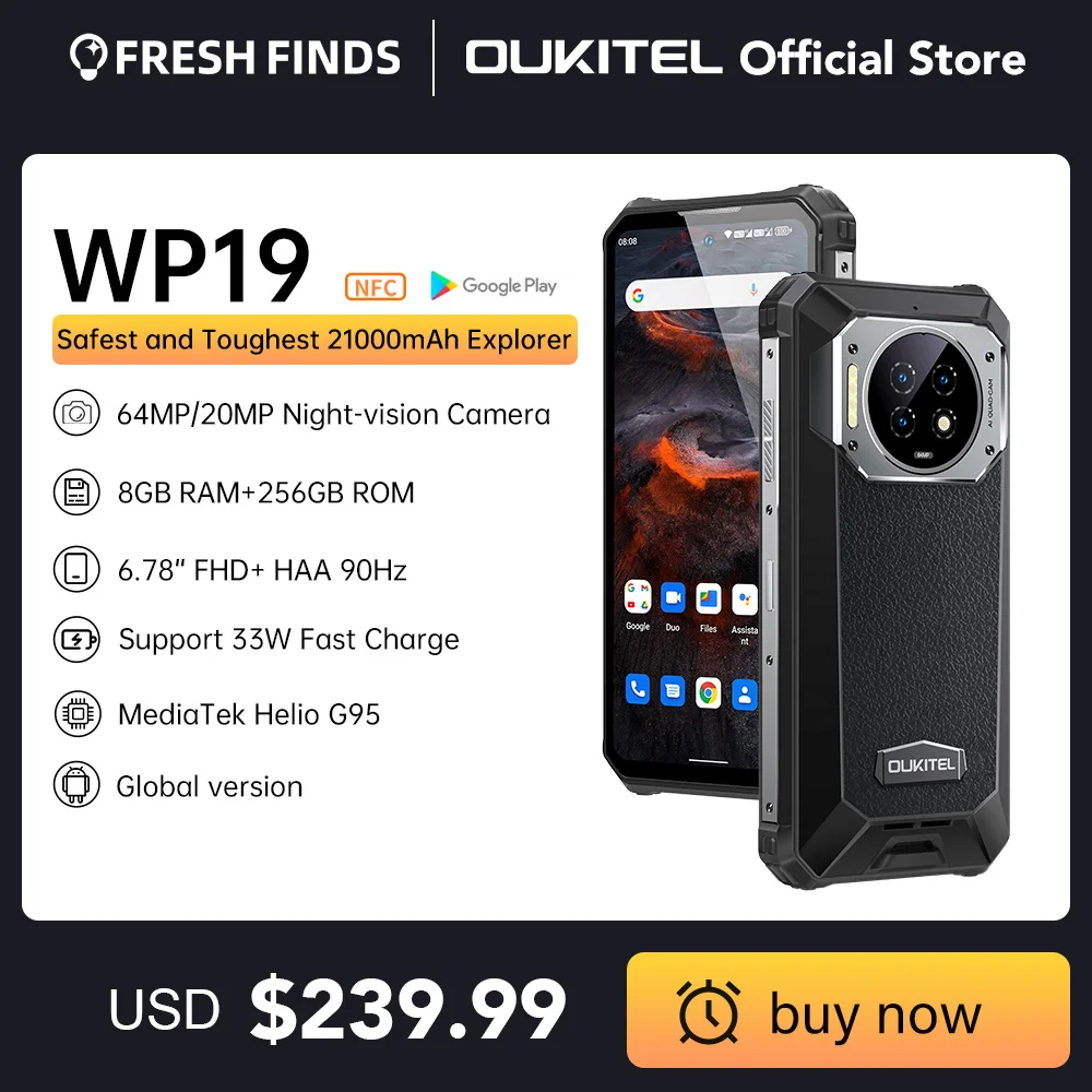 

Oukitel WP19 Rugged Night Vision 21000mAh 8GB 256GB 64MP Camera 90Hz Helio G95 NFC