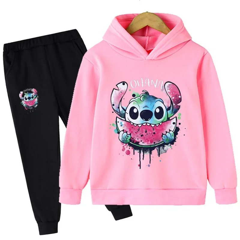 Dziecięca bluza z kapturem Disney Cartoon Print Stitch chłopięca koszulka sportowa wysokiej jakości miękkie topy zestawy z dziewczęcymi spodniami na