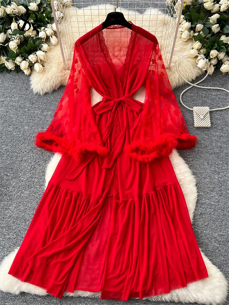 

SINGREINY Women Elegant Sheer Sexy Cardigan Robes Wools Spliced Long Sleeve Shawls Fashion French Gauze Transparent Long Robes
