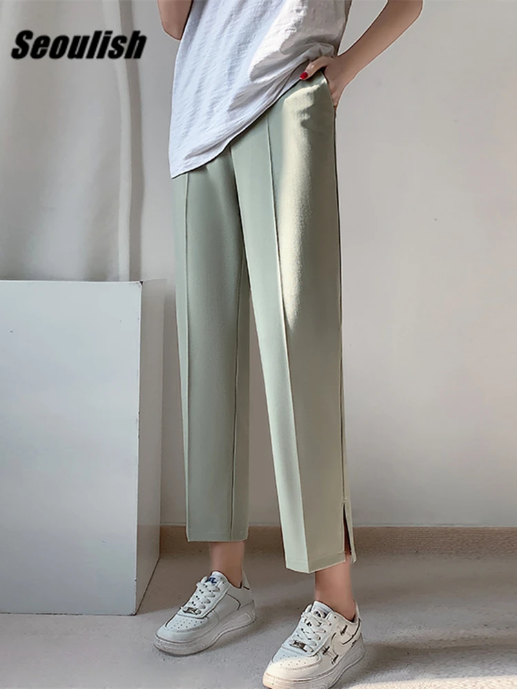 

Seoulish Spring Summer Casual Women's Harem Pants 2022 New High Waist Side Split Minimalism Office Female Trouses Green