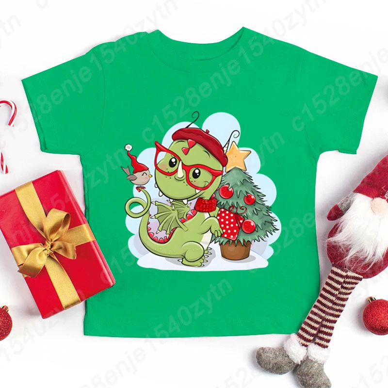 Children Boys Girls Summer T-shirt Christmas Dinosaur Print T Shirt Kids Crew Neck Loose T-Shirt Fashion Casual Solid Color Tees