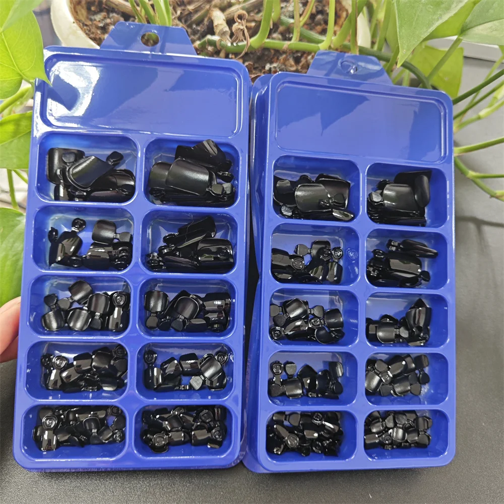 120 STKS Halloween Punk Zwarte Korte Vierkante Teennagels Nagel Tip 5-16mm Vierkant Zwart Glanzend Druk op Teennagels Full-Cover Fake Teen Tips