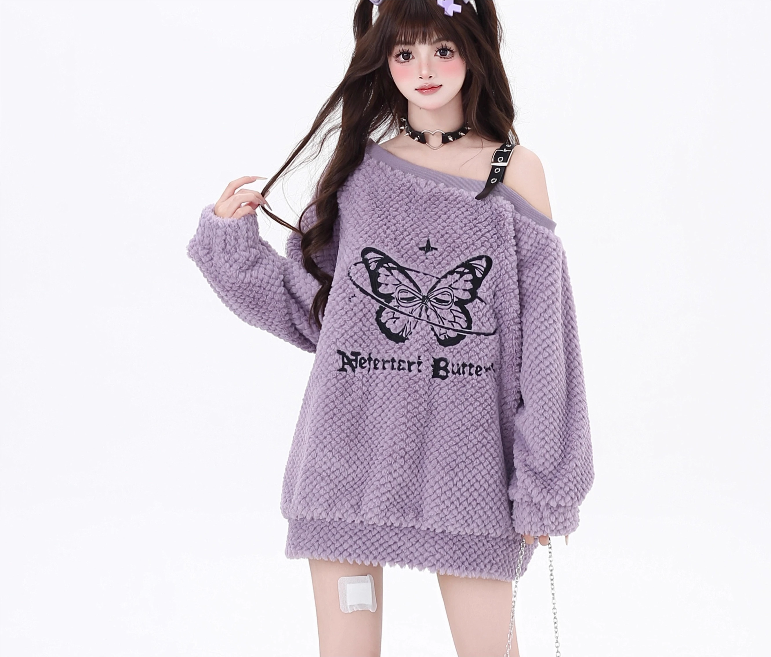 Y2k Sweet Cool Butterfly Autumn Winter Loose Irregular Slanted Shoulder Sweater Cute Girl Long Sleeve Solid Color Versatile Top
