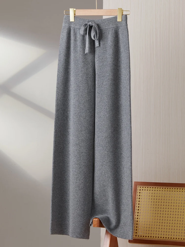 

Autumn Winter Women Pure Wool Wide Leg Pants Elastic High Waist Casual Loose Trousers 100% Merino Wool Knitwear Drawstring Pants