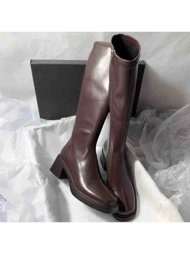 Vintage talon épais femmes genou bottes hautes mode fermetures éclair latérales chaussures automne hiver dames concis longues Botas De Mujer