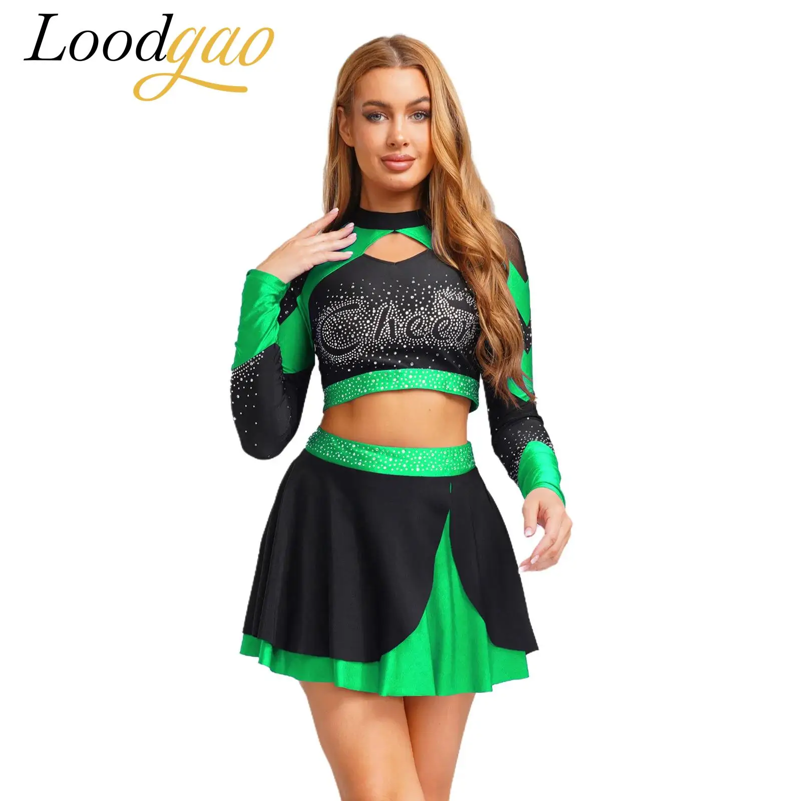 

Women Cheerleading Uniform Hollow Out Cheerlead Outfits Cosplay Cheerleader Costume Schoolgirl Long Sleeve Cheering Team Wear