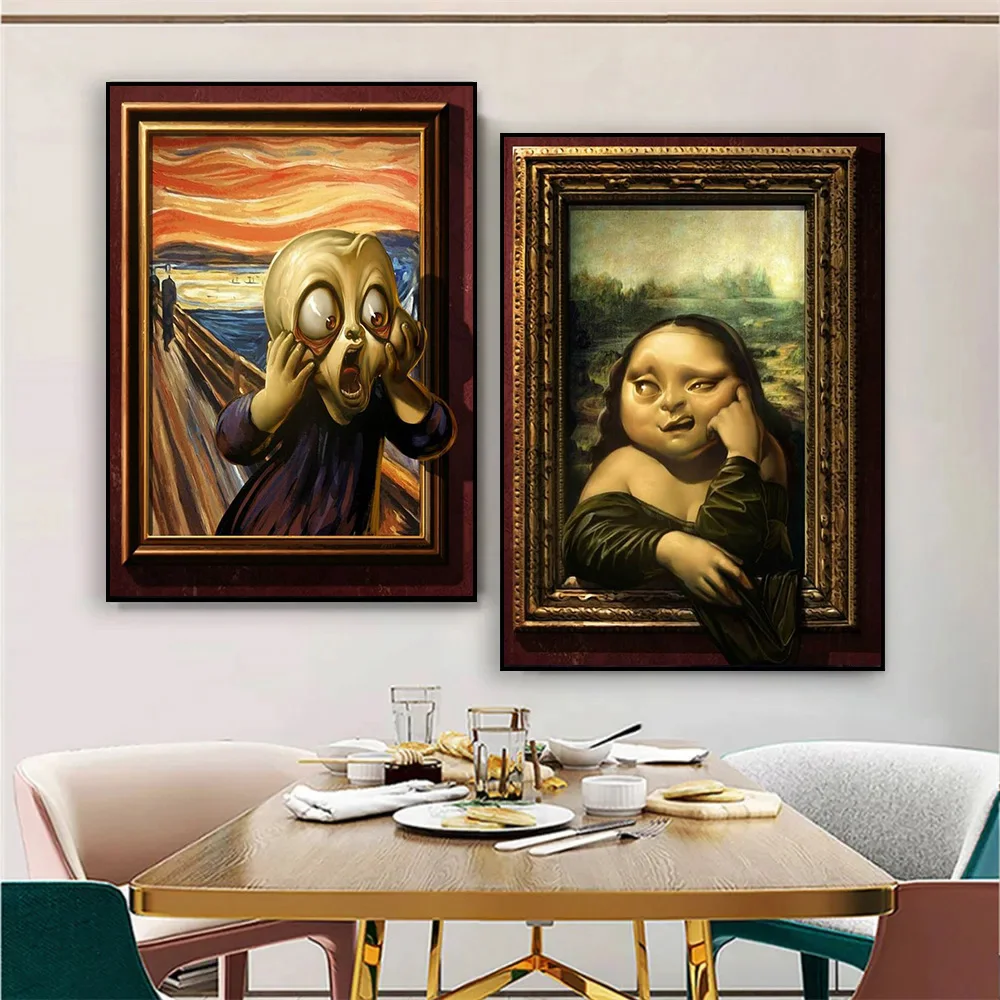 Edvard Munch The Scream And Monalisa Funny Cartoon Artwork Poster Canvas Painting Abstract Wall Art Pictures Home Decor