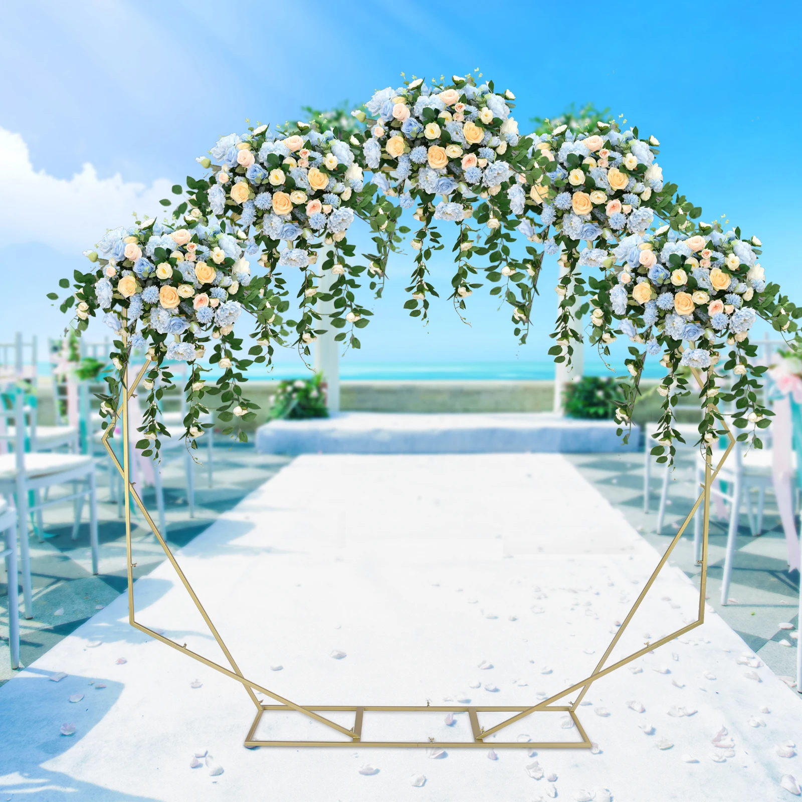 

Dual Geometric Shaped Gold Metal Hexagon & Heptagon Backdrop Stand, Metal Wedding Arch