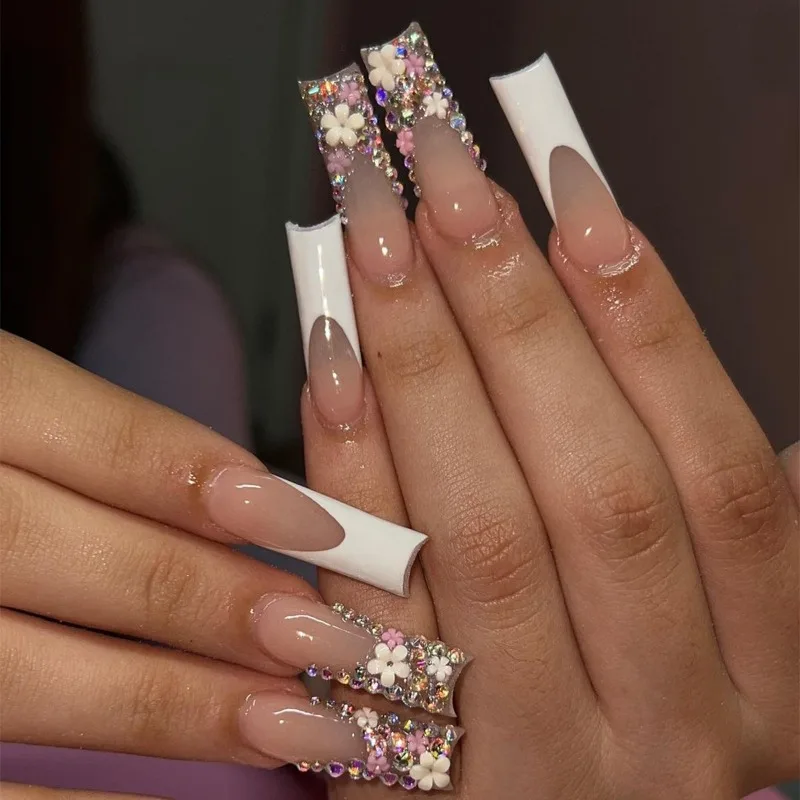 24 pçs unhas falsas brancas francesas com cola flor diamantes coloridos unhas falsas com cola extra longa meninas imprensa de luxo em unhas