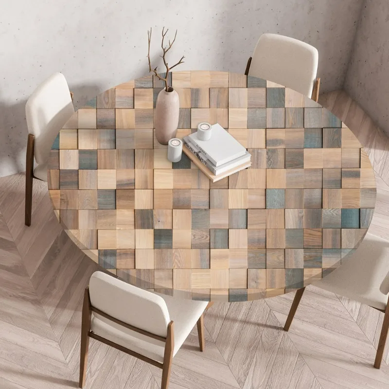 Wooden Textured Table Cover Elastic Band Tablecloth Printed Round Tablecloth Waterproof Dining Table Elastic Table Cover