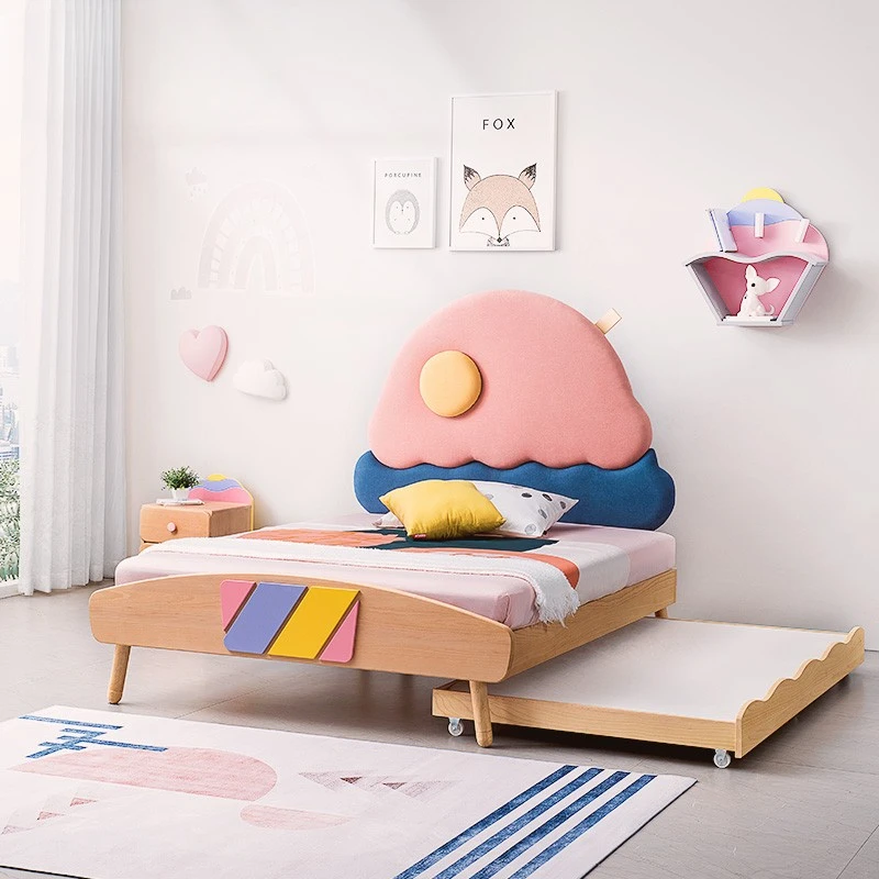 Ice cream pattern cartoon solid wood children's bed, boys and girls patchwork mop bed, clouds, girls, princesses, children and