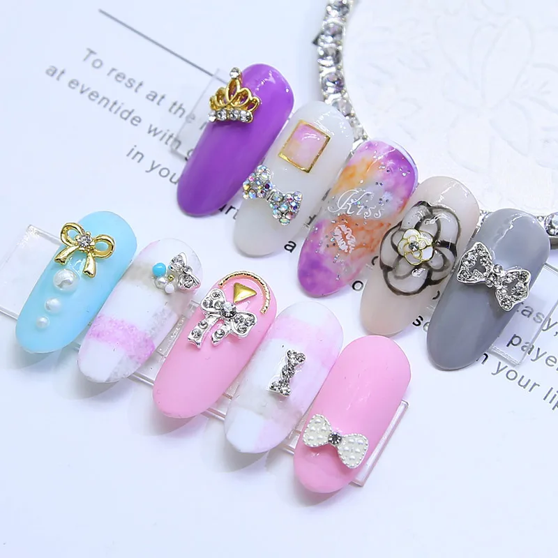 10 pièces de luxe étincelle diamants perles nœud papillon ruban couronne lèvre alliage Nail Art bijou strass décorations manucure bricolage breloques