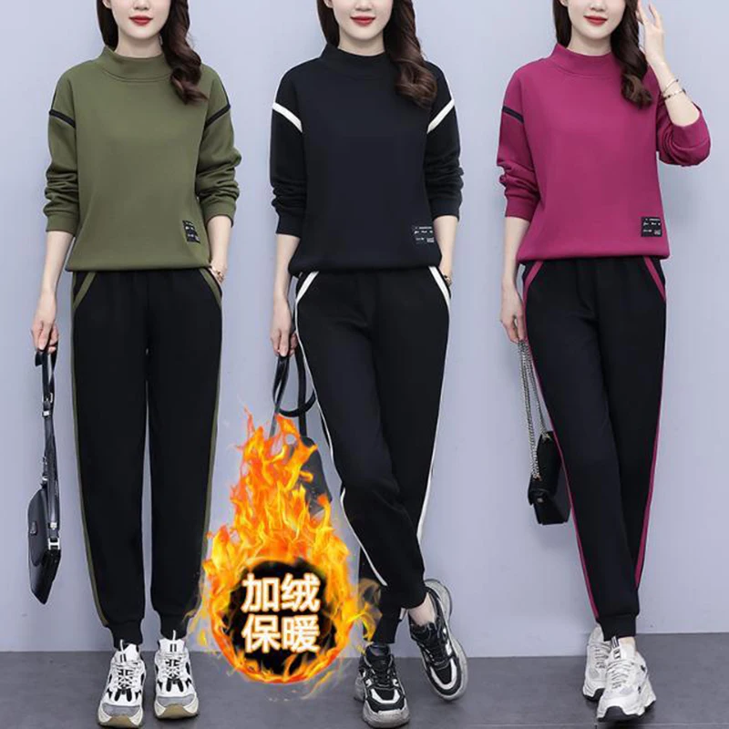 

Осень-зима 2022, новый повседневный комплект спортивной одежды для женщин с толстым бархатным пуловером с круглым вырезом + брюки, модный комплект из двух предметов