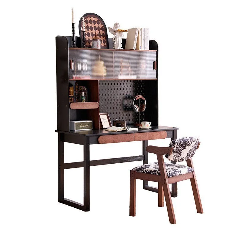 Medieval black solid wood desk with bookshelf 1.2m 1.4m study hole board small apartment storage rack