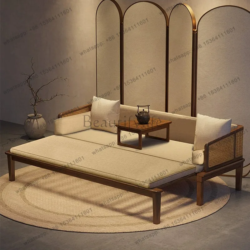 New Chinese rattan solid wood sofa bed push-pull retractable dual-purpose sofa