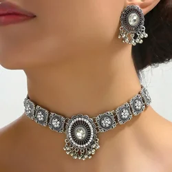 2 Pcs Vintage coloful Necklace Earrings Set For Women Wedding Ceremenoy Crystal Decoration Jewelry Set