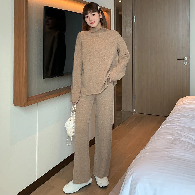New Women Candy Color Thick Knitted Turtleneck Pullover And Wide Leg Pants Two Piece Sets Korean Chic Big Size Sweater Tracksuit