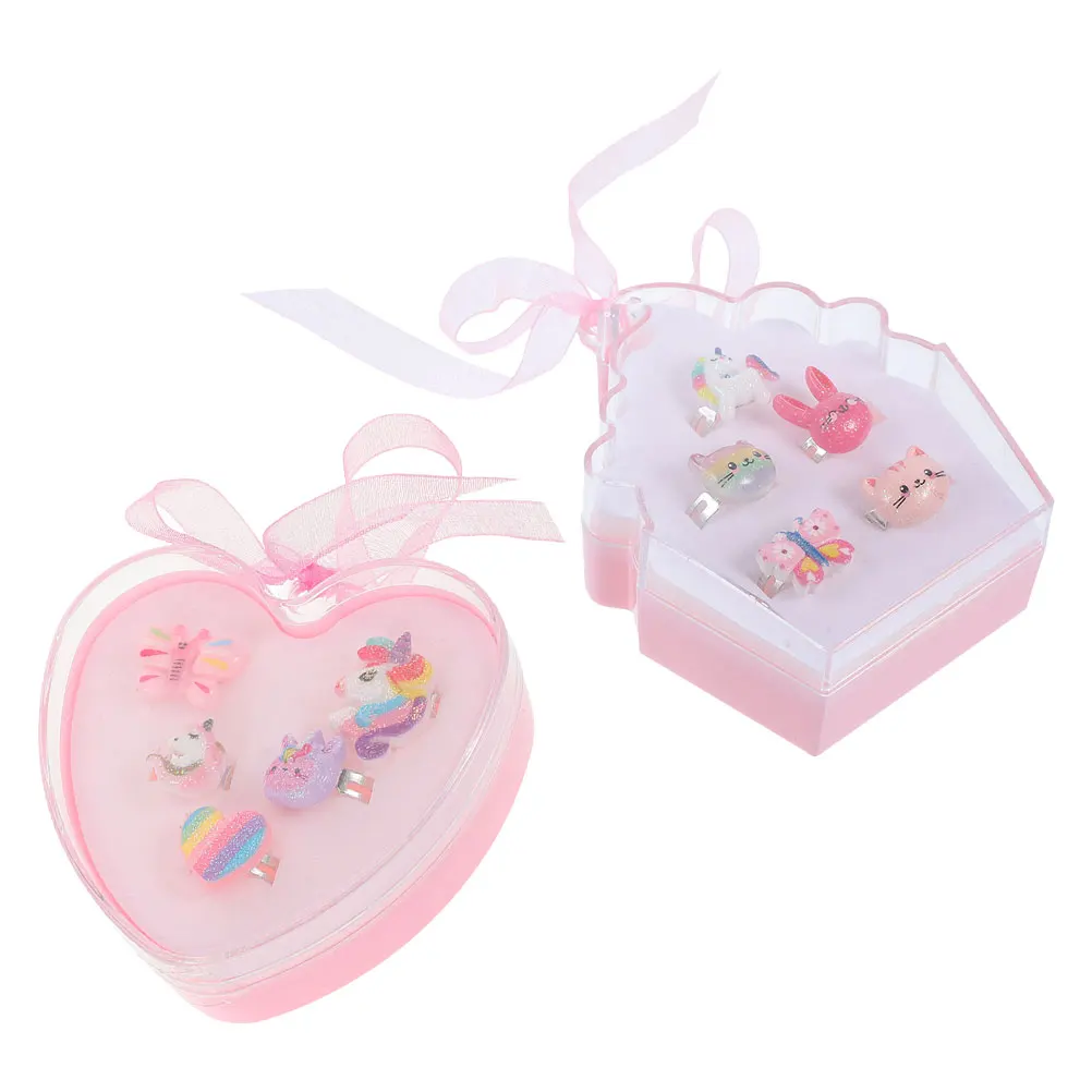 

2 Sets Children's Ring Box Finger Decor Cute Rings Adjustable Decoration Plastic Cartoon Jewelry Girl