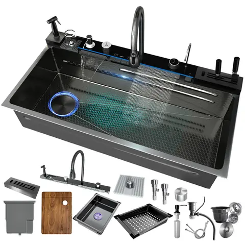 स्टेनलेस स्टील वाटरफॉल किचन सिंक एक्स्ट्रा लार्ज सिंगल स्लॉट डिजिटल डिस्प्ले नल सेट कप वॉशर वॉश बेसिन 100*50cm top 10 best sales काउंटर सिंक - №2