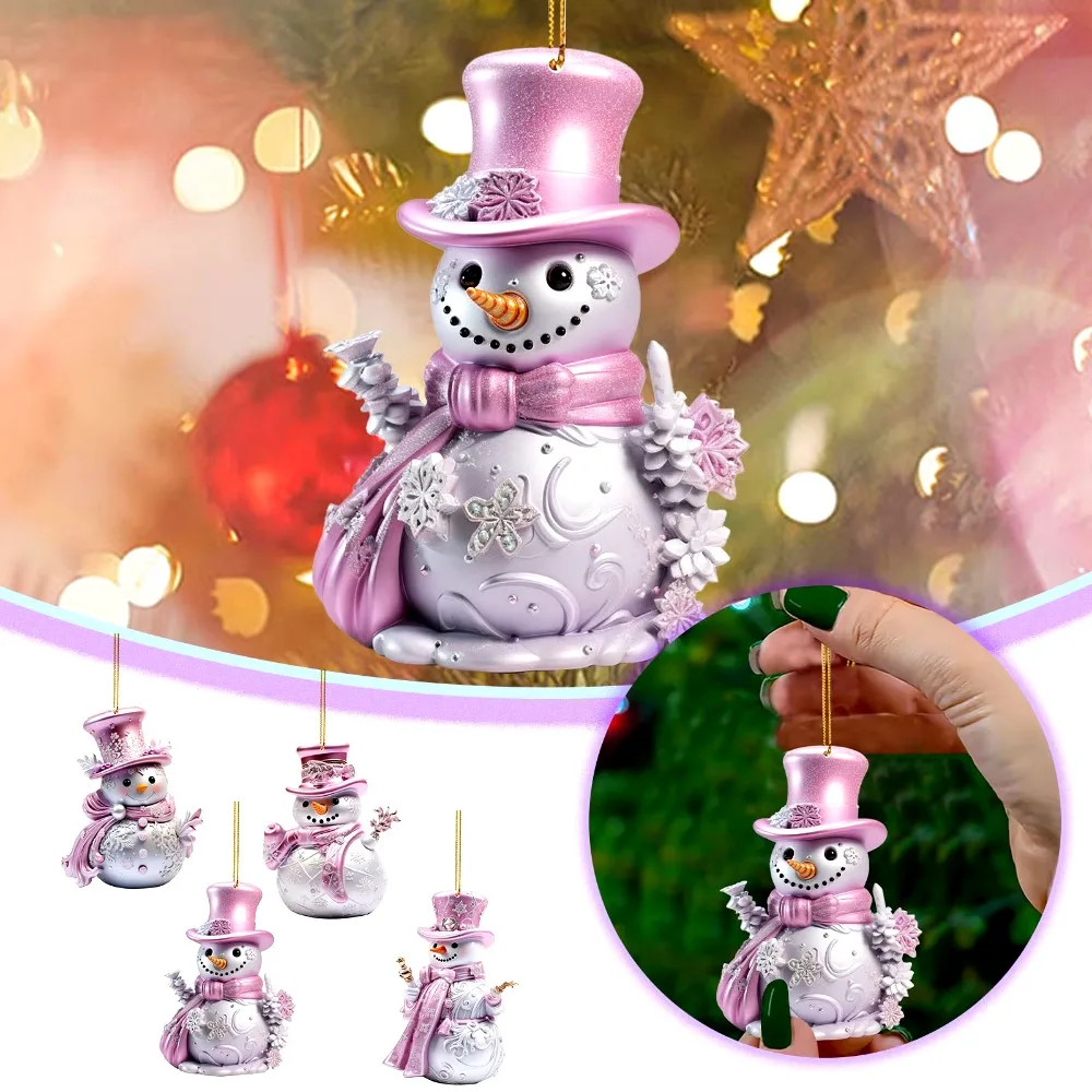 Pink Snowman Christmas Decorations 2D Acrylic Cartoon Hanging Pendants Car Hangable Embellishment Flat Printing