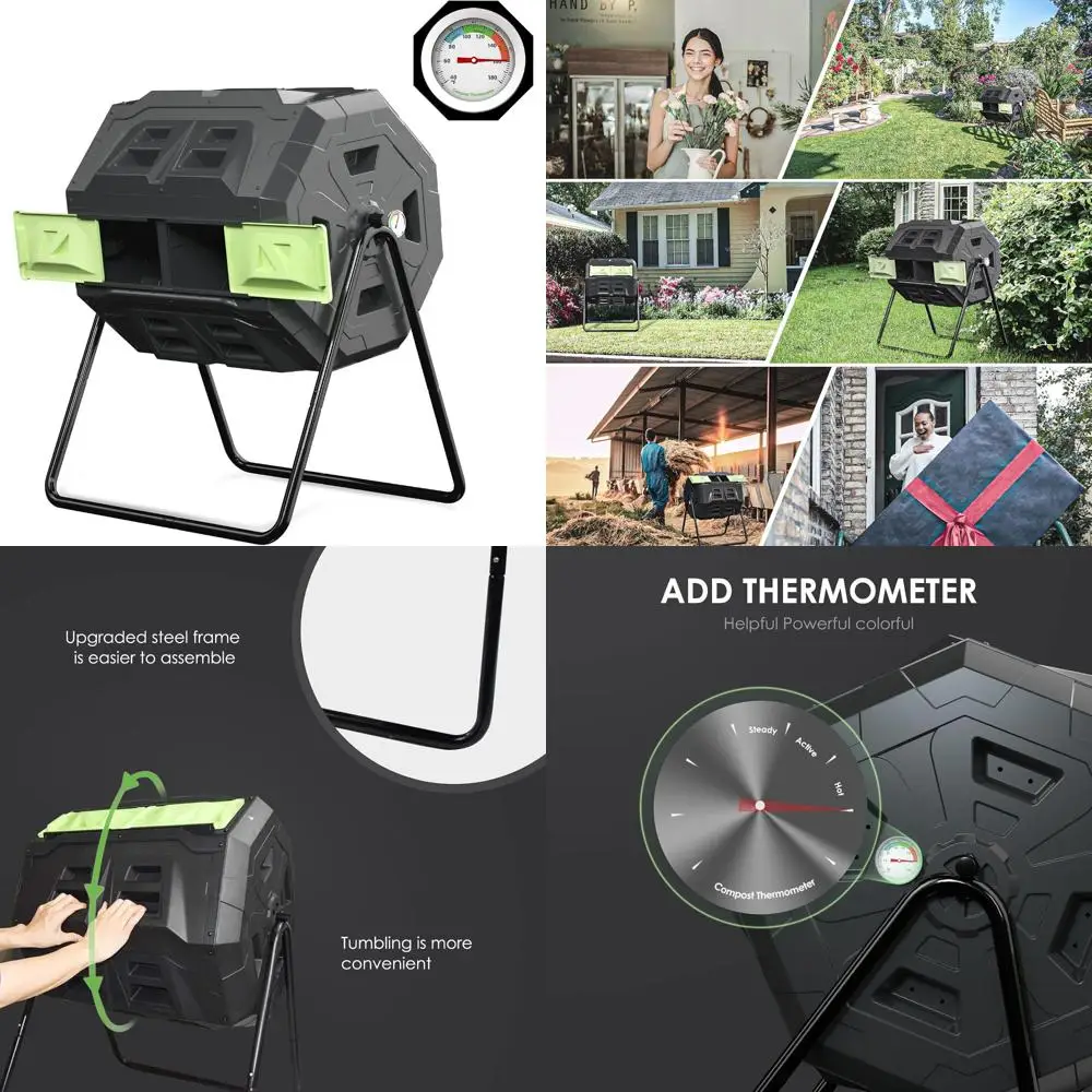 

Large Outdoor Garden Compost Tumbler Bin with Rotating Feature and Built-in Thermometer for Automatic Temperature Monitoring - S