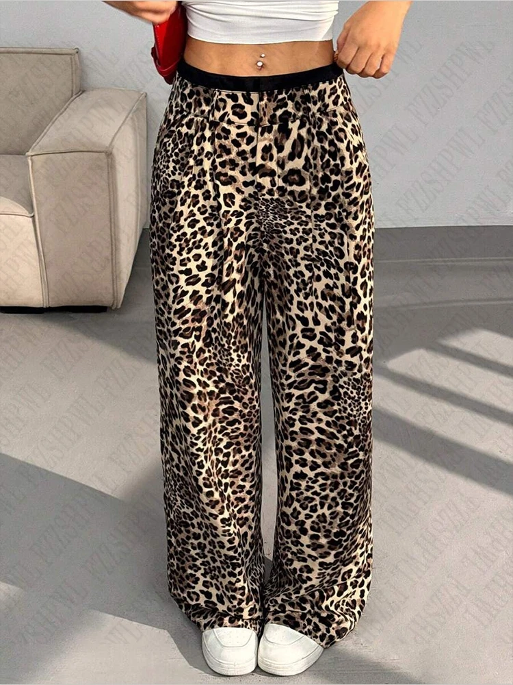 Leopard pattern straight casual trousers chic 90S bottoms rock aesthetic retros punks high street american silm women's trousers