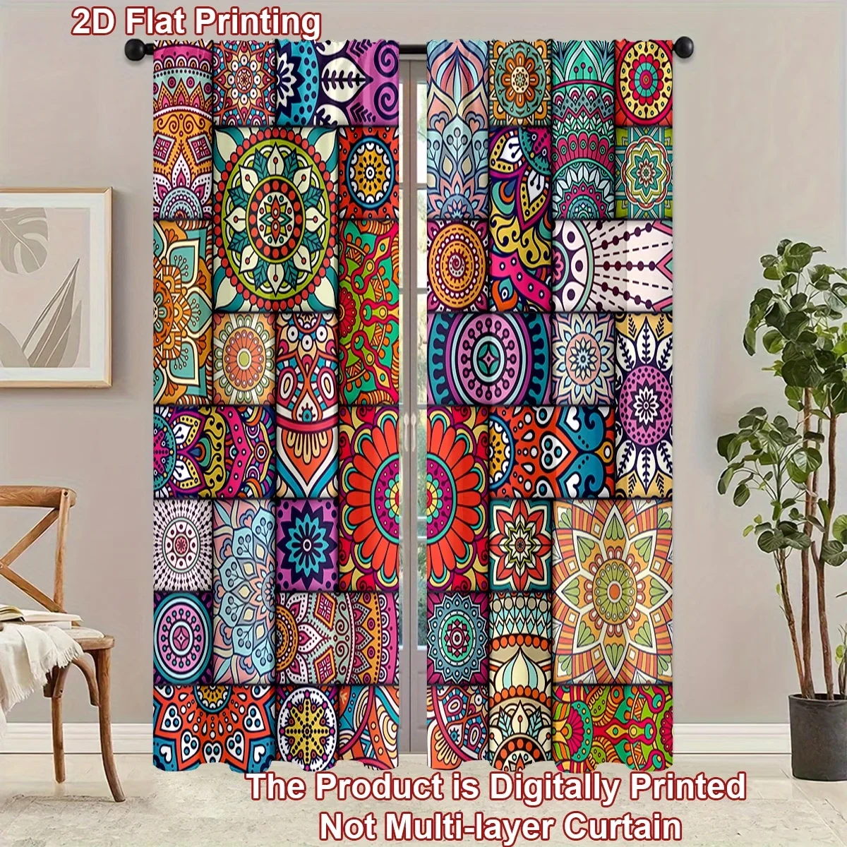 2-teilige Bohemian Mandala Patchwork-Vorhänge - Lebendige Hippie-Druck Fenstervorhänge für Wohnzimmer und Schlafzimmer Dekoration