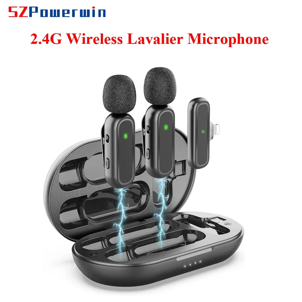 Powerwin 2.4G Wireless Lavalier Microphone For iPhone Android With Charging Box AR Noise Reduction Video Record Live Stream