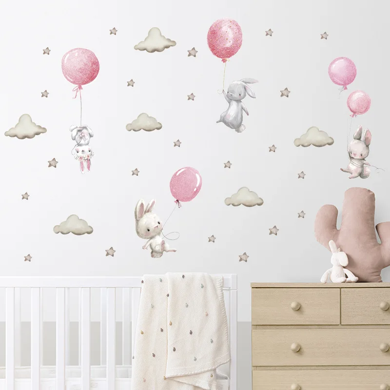 Cartoon Pink Baby Rabbit Wall Stickers Hot Air Balloon Decals Kids Room Nursery Wall Decorative Vinyl Kawaii Bunny PVC Wallpaper