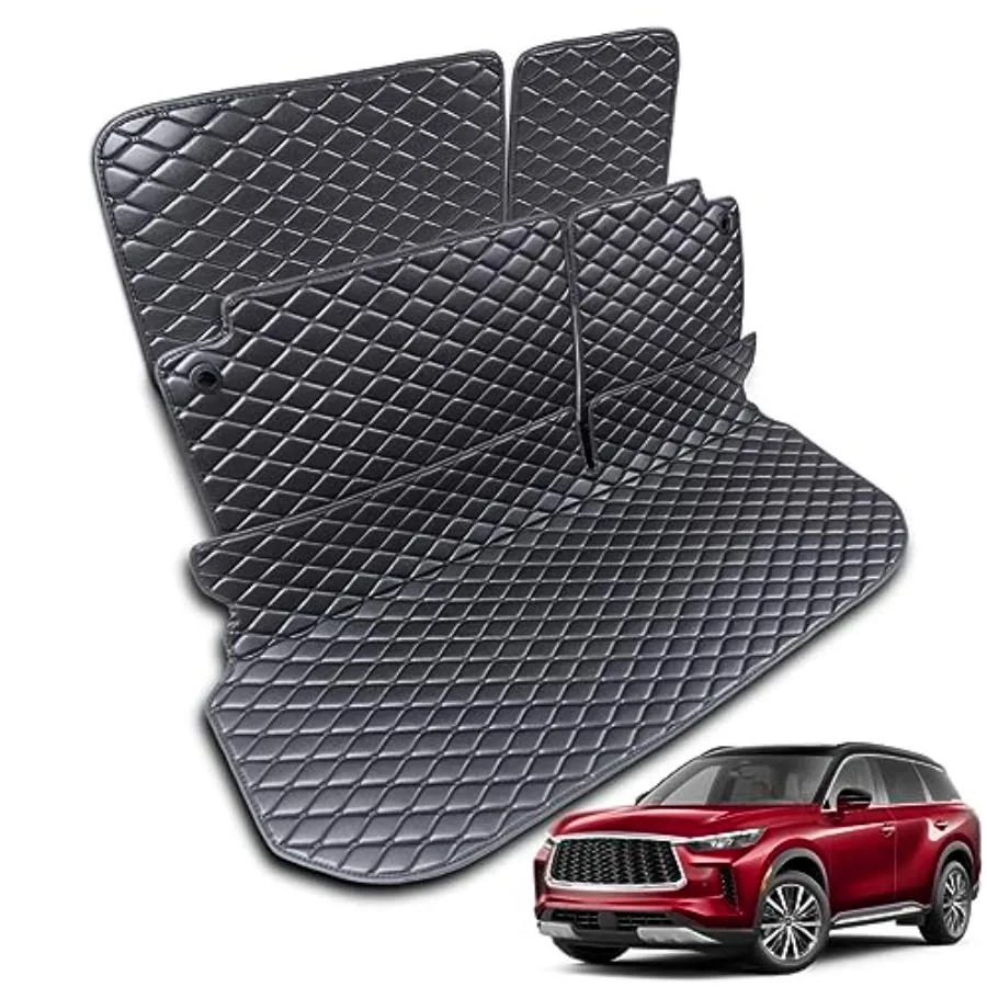 

Комплект всепогодных ковриков (5 шт.) для Infiniti QX60 2022-2026: коврик в багажник (для заднего ряда) и коврики на спинки сидений 2-го и 3-го рядов.