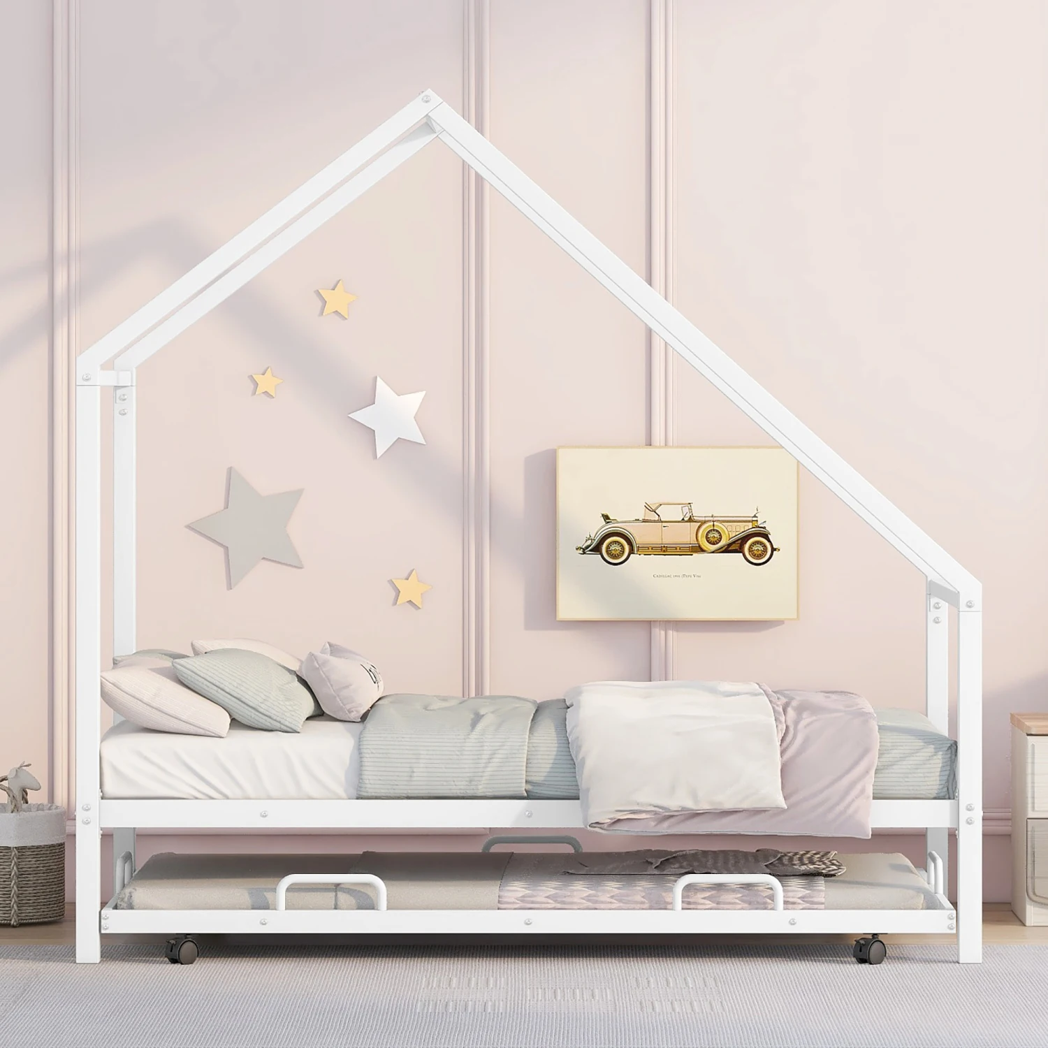 Metal Twin Size White House Bed with Trundle - Perfect for Kids' Bedroom