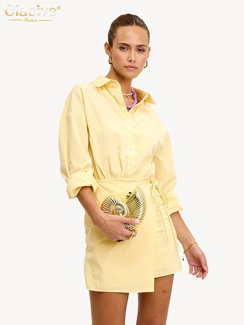 

Clacive Fashion Loose Stripe Print Women's Two Pieces Set 2025 Elegant Long Sleeve Shirt With High Waist Lace-Up Mini Skirt Set