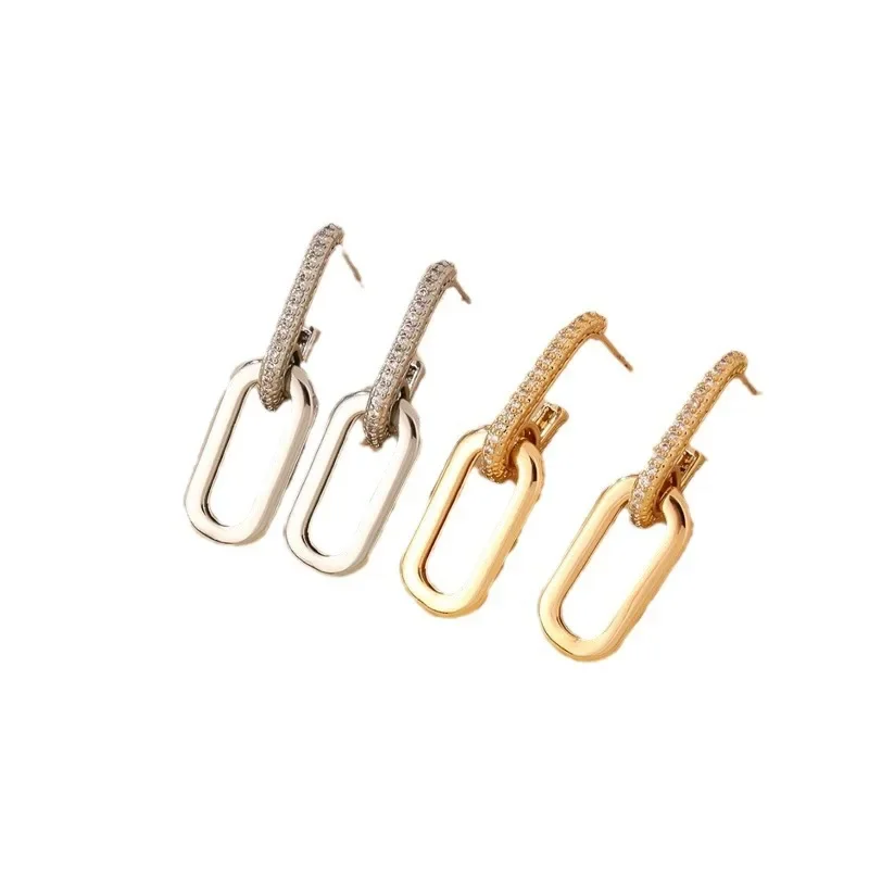 Temperament Two Section Double Link Dangle Earrings for Women Korean Charm Geometry silver Color Stainless Steel Stud Jewelry