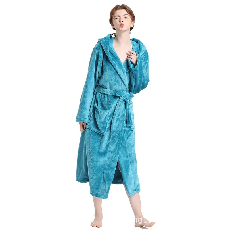 

Men's and Women's Flannel Nightgown Autumn and Winter Hooded Couple Bathrobe Large Coral Velvet Nightgown Medium Length