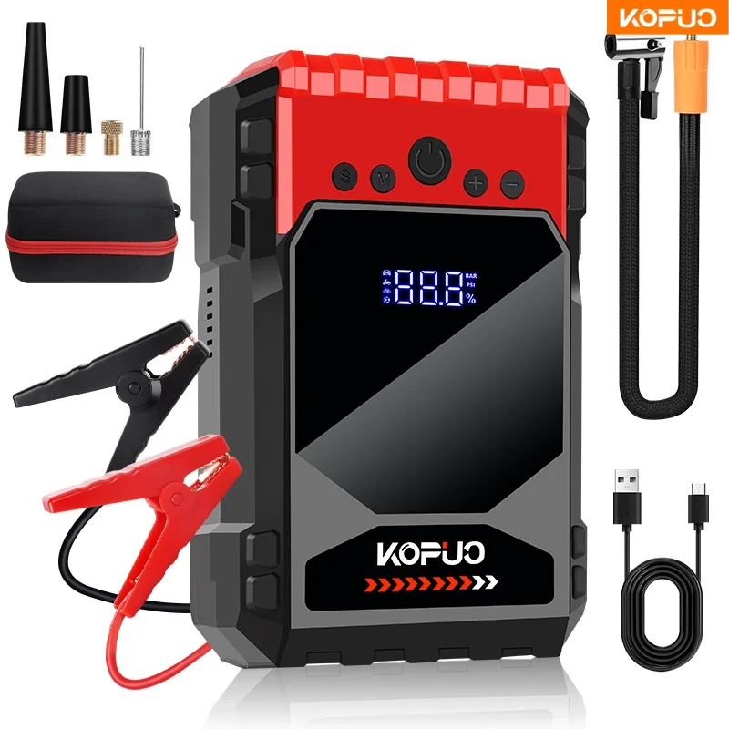 

KOPUO 4000A Car Jump Starter & Tire Inflator 150PSI, for 10L Gas/8L Diesel, with LED Light, LCD Display, Portable Case