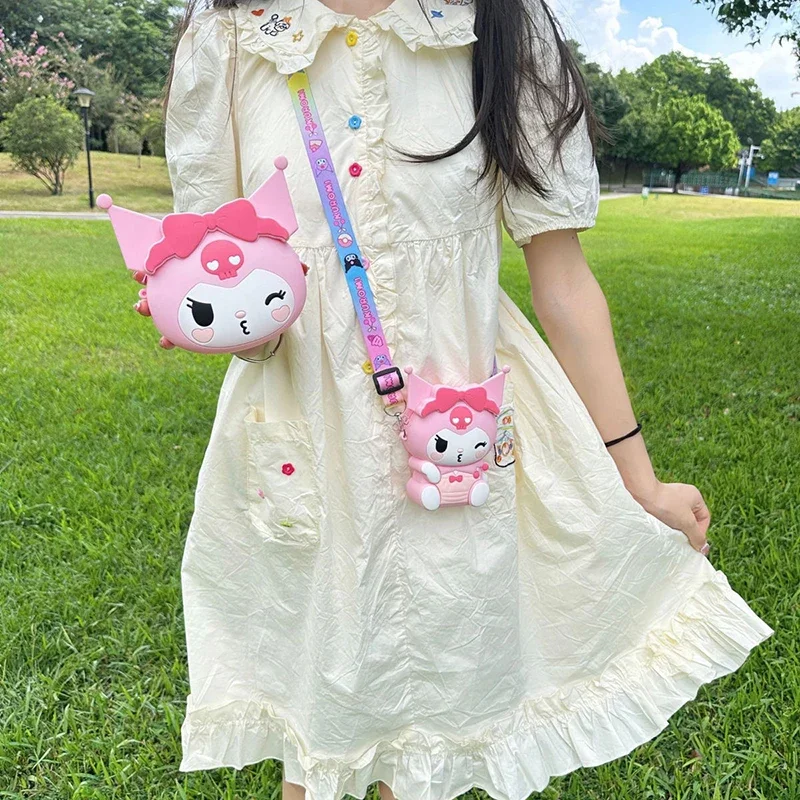 Sanrio Kuromi Fashion Bag Crossbody Bag Cartoon 3D Silicone Princess Bag Purse Cute Anime Cartoon Figures Model Toy Kid Gift