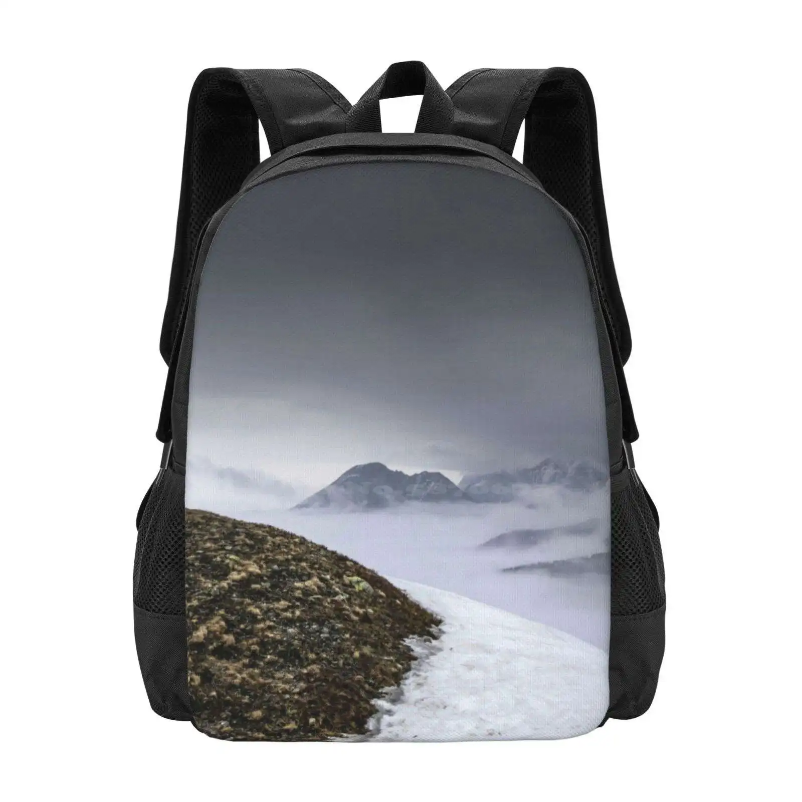 Dark Mountain Landscape. Snowy Mountains In The Deep Fog. No Man'S Land 3D Print Design Backpack Student Bag Cold Stone Park